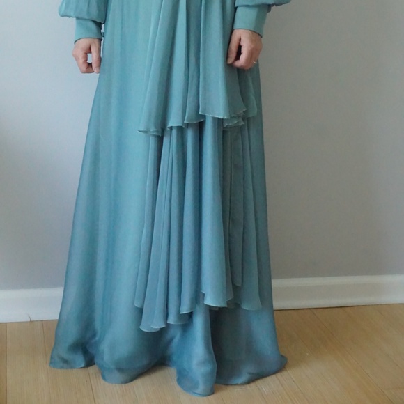 Flowy Aqua Chiffon Long Sleeve Formal Dress with Embellished Waist - Picture 10 of 10